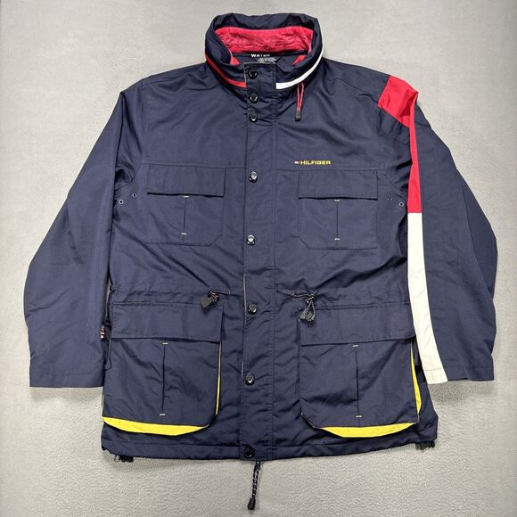 Tommy Hilfiger Waterstop Jacket‎ Mens XL Flag Color Block Spell Out Hood Preppy - Picture 1 of 16